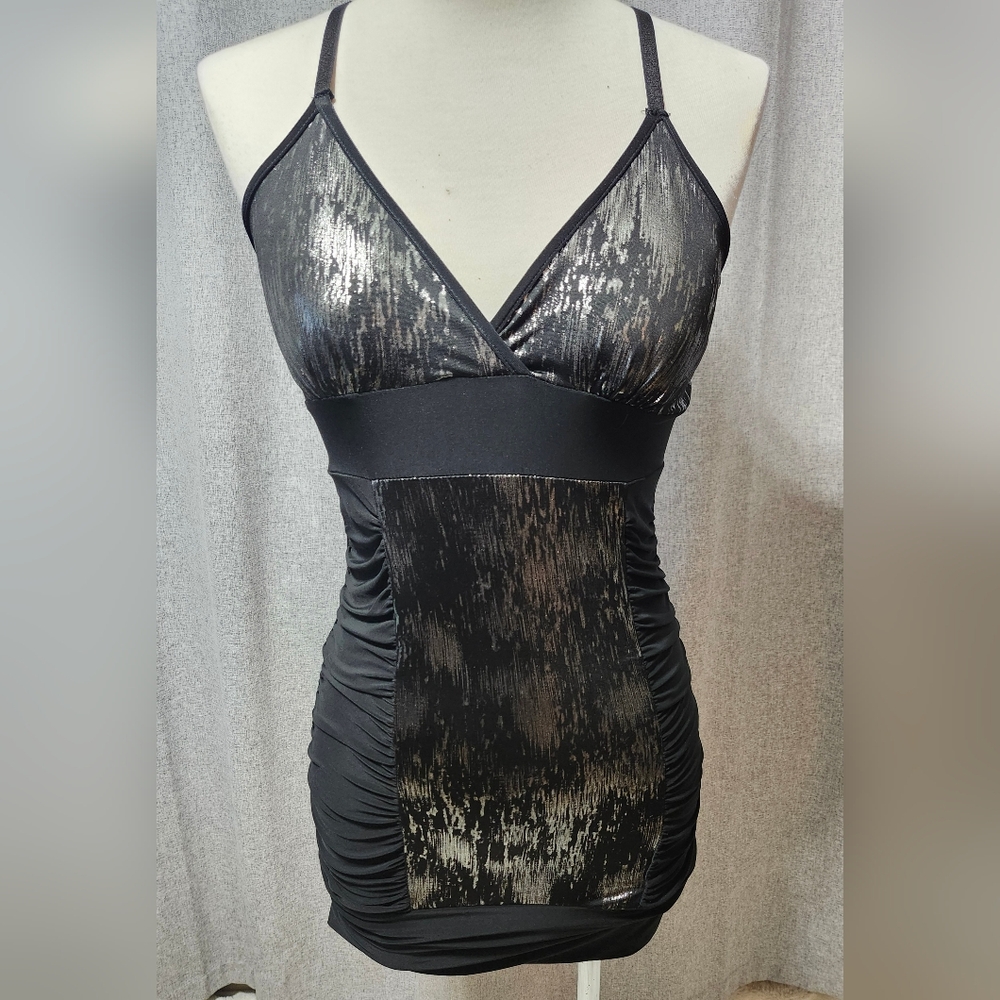 Seductions Mini Dress V-droop Front, Comfortable Size Small Black Silver Splash